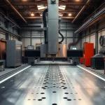 Visualizing precision plate cutting with advanced machinery in a professional workshop.