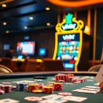 Engaging gambling scene illustrating the MV88 game experience with poker table and slot machine.
