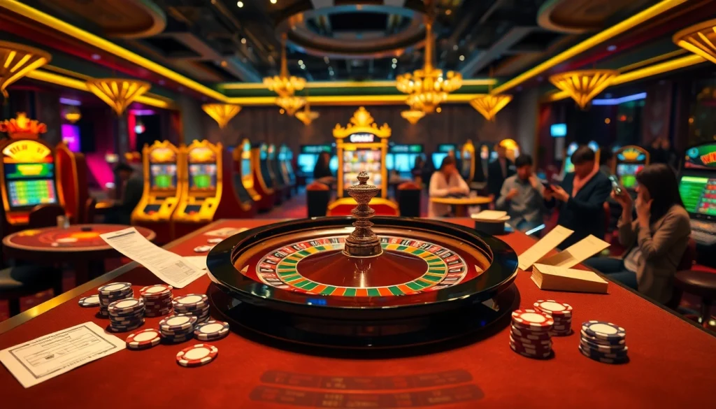 Adegan kasino dinamis yang menampilkan roda roulette dan slip taruhan, menyoroti pengalaman togel online.