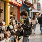 Shopping for luxury 레플리카 items in an urban setting with vibrant streetwear and colorful storefronts.