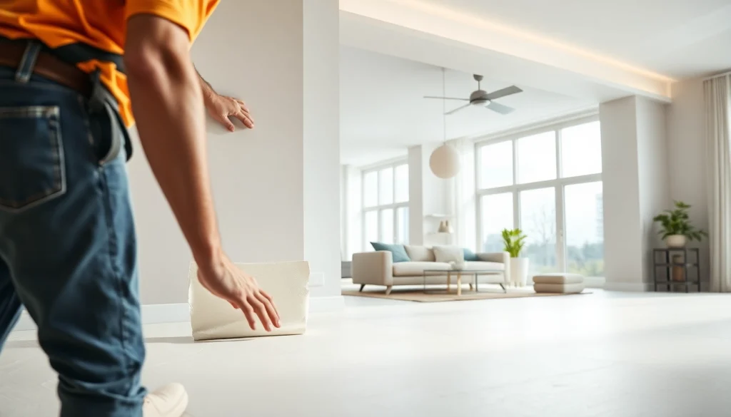 Drywall finishing work being carried out by a skilled professional in a modern home setting.