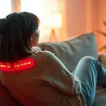 Person using a red light therapy belt at home for relaxation and wellness.