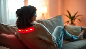 Person using a red light therapy belt at home for relaxation and wellness.