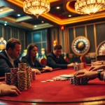Partie de poker à enjeux élevés à une table luxueuse représentant le meilleur casino en ligne avec des jetons vifs et une ambiance de casino.