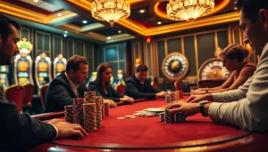 Partie de poker à enjeux élevés à une table luxueuse représentant le meilleur casino en ligne avec des jetons vifs et une ambiance de casino.