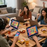 A diverse group enjoying online Agen Togel games in a vibrant home setting, showcasing excitement and engagement.