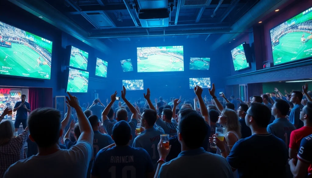 Exciting scene of sports fans watching events live at 토토스토리 themed sports bar.