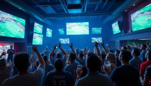 Exciting scene of sports fans watching events live at 토토스토리 themed sports bar.
