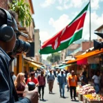 Journalist capturing Kenya News in vibrant urban setting with national flag.