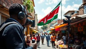 Journalist capturing Kenya News in vibrant urban setting with national flag.