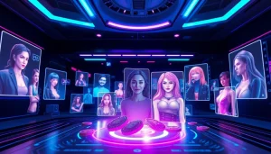 Engaging NSFW AI chat platform showcasing holographic characters and interactive virtual experience.