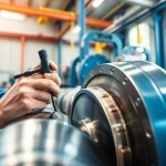 Technician performing hydraulic cylinder repair with precision tools in a well-lit workshop.