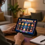 Engaged player using Spin Panda Casino app on tablet in a cozy home setting, emphasizing responsible gaming.