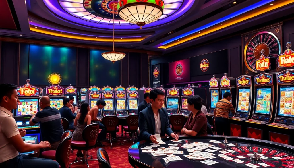 Pengalaman bermain yang menarik di Slot Thailand, menampilkan mesin slot yang berwarna-warni dan pemain yang bahagia.