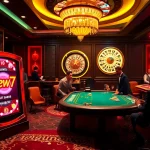Players winning at a vibrant new77 slot machine in a luxurious casino setting.
