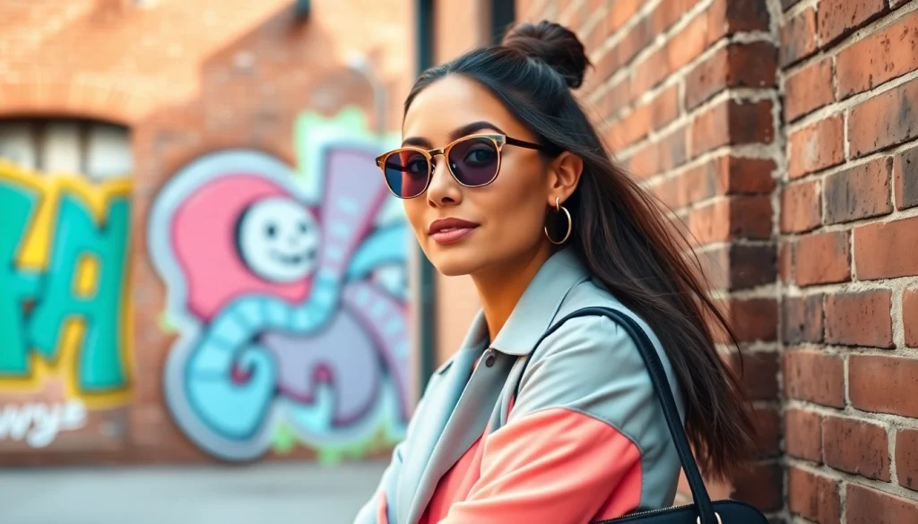 Showcasing beauty and style, a confident influencer in a vibrant urban setting poses against a chic backdrop.