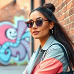 Showcasing beauty and style, a confident influencer in a vibrant urban setting poses against a chic backdrop.