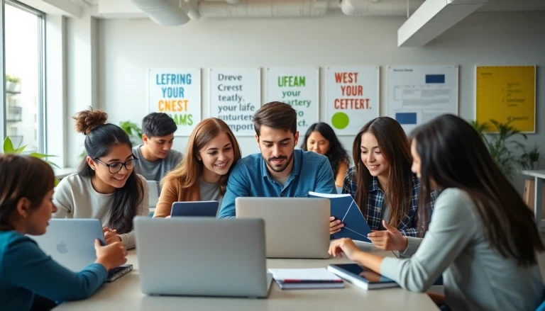 Engaged students using online exam assistance in a modern office setting.