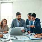Illustrates b2b competitive intelligence in a collaborative business setting with teamwork.