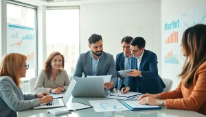 Illustrates b2b competitive intelligence in a collaborative business setting with teamwork.