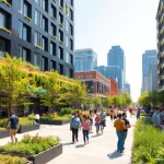 Engaging scene of North Main Makeover showcasing modern architecture and vibrant community interaction.