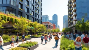 Engaging scene of North Main Makeover showcasing modern architecture and vibrant community interaction.