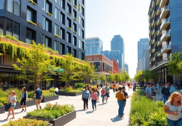 Engaging scene of North Main Makeover showcasing modern architecture and vibrant community interaction.
