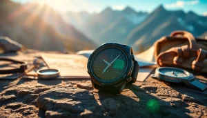Showcase of an Explorer GPS Smart Watch on an outdoor table with hiking gear in a scenic mountain setting.