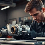 Inspecting the Turbosmart track turbo with a technician in a garage setting.