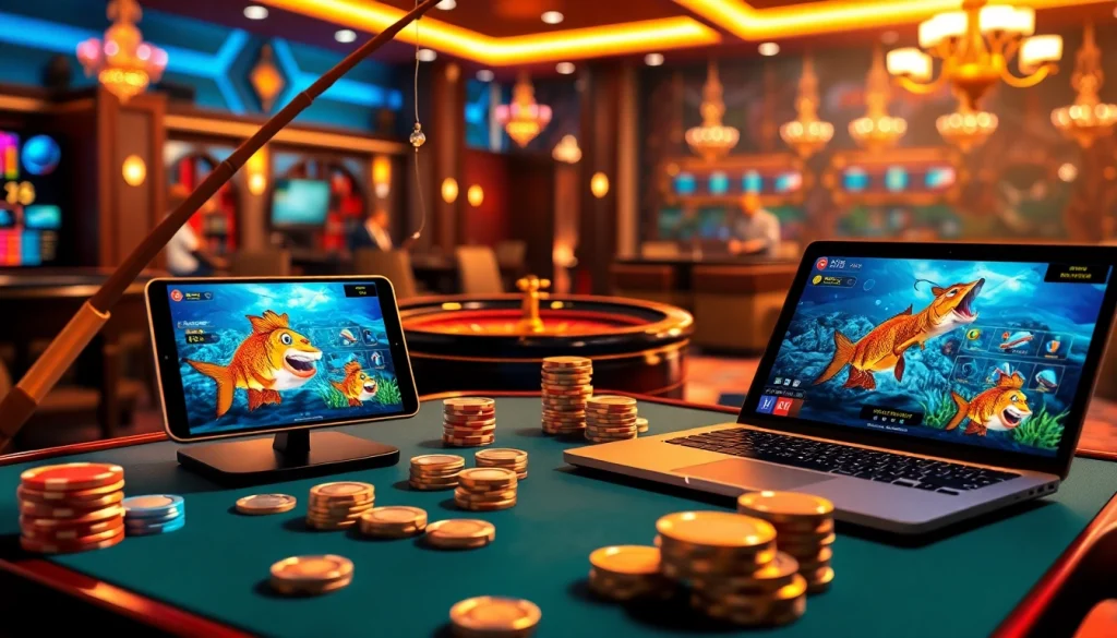 Bắn cá đổi thưởng graphics showcasing vibrant gaming action and a lively casino atmosphere, emphasizing excitement and potential rewards.