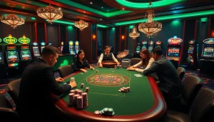 Experience the thrill of Luck8 com with a luxurious casino gaming scene featuring poker chips and slot machines.