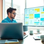 Creative workspace for web design edmonton with a developer at a laptop and colorful sketches.