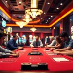 Login hoki 77 untuk bertaruh di meja kasino dengan pemain dan mesin slot yang ramai.