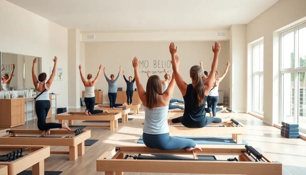 おすすめのトレーニングを紹介する、ウェルネスとコミュニティを強調したピラティススタジオの魅力ある場景。