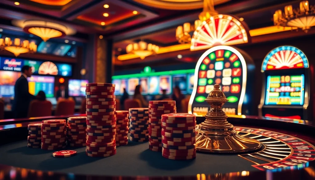 Scène excitante de joueurs au meilleur casino en ligne, présentant des tables de roulette et de poker.
