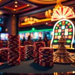 Scène excitante de joueurs au meilleur casino en ligne, présentant des tables de roulette et de poker.