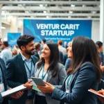 Engaged attendees at a venture capital and startup conference discussing ideas and opportunities.