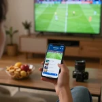 Watch trực tiếp bóng đá hôm nay on a mobile device in a cozy home setting, enhancing the live sports experience.