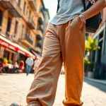 Model showcasing stylish baggy sweatpants against an urban backdrop, exuding comfort and flair.