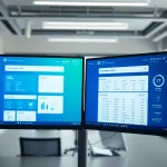 Illustration of enterprise search tools showcasing data retrieval on digital screens in a modern office.