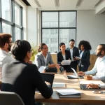 Team of professionals analyzing contracts and grants in a modern office environment.