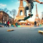 Skateboarder tricks at a Paris skate ecole highlighting vibrant culture and skill.