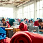 Workers efficiently creating garments in a Clothes Factory China, showcasing craftsmanship and industry.