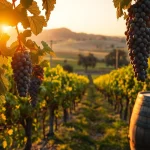 Stunning view of Clarksburg ca wineries vineyard at sunset with ripe grapes and oak trees.