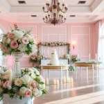 Beautifully decorated Jacksonville wedding venue with floral arrangements and a cake table.
