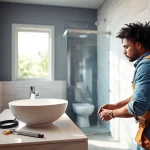 Bathroom installer adjusting a modern sink in a beautifully designed bathroom.