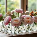 Beautiful display of elegant bud vases with fresh flowers on a wooden table.
