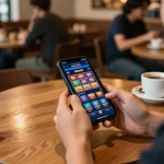 Engaging with slot server jepang on a smartphone at a cozy coffee shop.