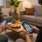 Players enjoying mobile gaming with thailand slot game interface in a cozy living room.