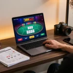 Engaging in poker gameplay on 388bet with a laptop, highlighting strategic betting